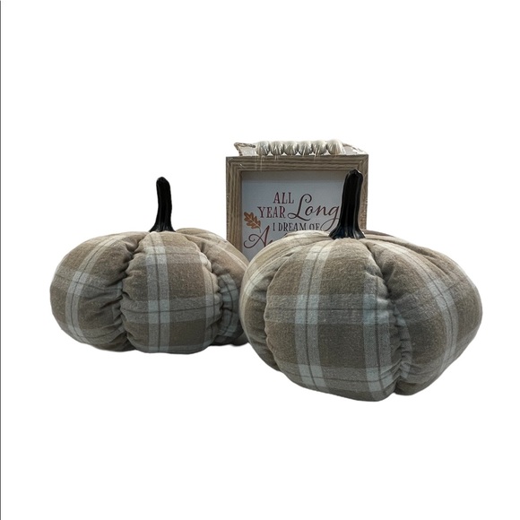 Beige plaid fabric stuffed pumpkin decor set of 2 with picture fall decoration - Picture 3 of 8